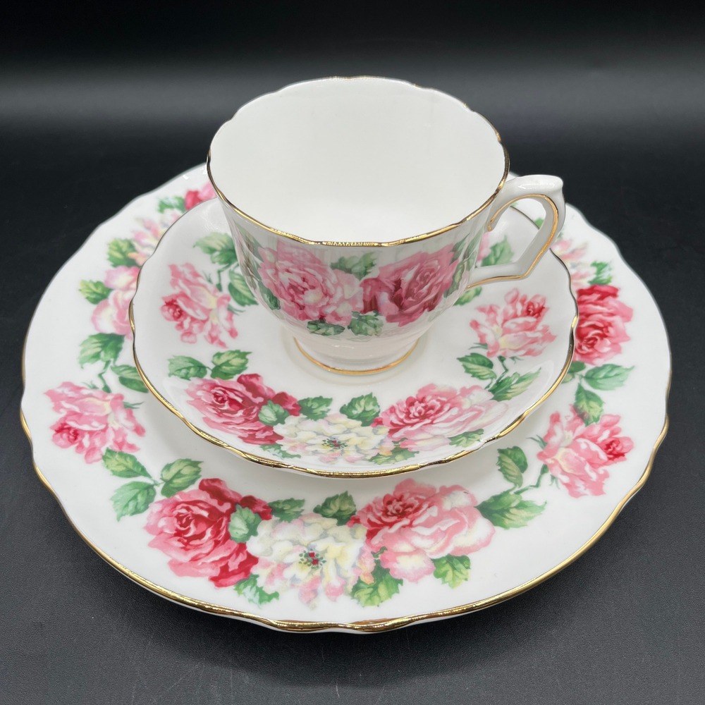 Vtg Crown Staffordshire England Fine Bone China Rose Floral Tea Cup Saucer Plate